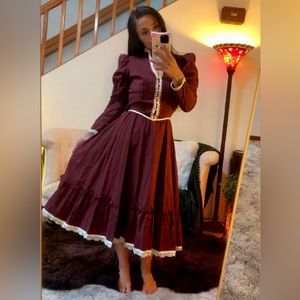 RARE Gunne Sax 1970's Long Sleeve Full Skirt Ruffled Boho Long Lace Midi Dress